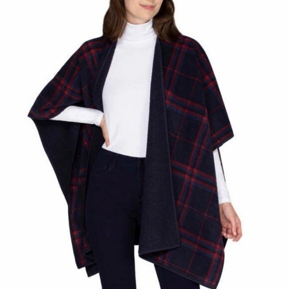 IKE BEHAR Plaid Navy and Red Women's Wrap Cape Shawl One Size - Picture 1 of 10